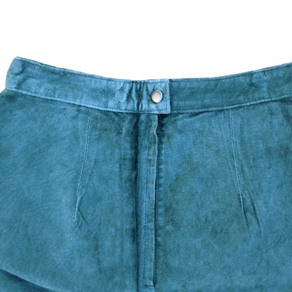 Green Turquoise Vintage 80s Suede Pencil Skirt High Rise Pleat Miniskirt Size 7 - Picture 7 of 10